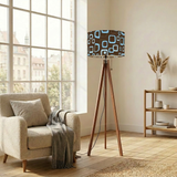 Retro 60s Scandi Tripod Floor Lamp: Brown Blue Pattern Shade, Smart LED Remote