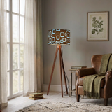 Retro 60s Scandi Tripod Floor Lamp: Brown Blue Pattern Shade, Smart LED Remote