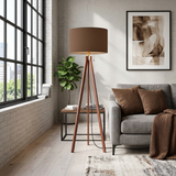 Scandi Wooden Tripod Floor Lamp, Warm Brown Mocha Mousse Shade