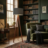 Scandi Nordic Wooden Tripod Floor Lamp with Dark Grey Fabric Shade