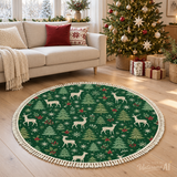 Green Reindeer Pine Round Christmas Rug with Tassels – Retro