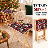 Nordic Folk Pink Retro Midcentury TV Trays – Set of 4 with Rack