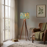 Retro Scandi Tripod Floor Lamp: 1960s Pattern Linen Shade, Smart LED Remote