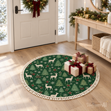 Green Reindeer Pine Round Christmas Rug with Tassels – Retro