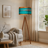 Scandinavian Retro Tripod Floor Lamp - Rustic Wood Grain Brown Blue