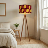 Midcentury Tripod Floor Lamp – Retro 1970s Print Shade orange red yellow