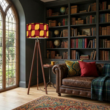 Midcentury Tripod Floor Lamp – Retro 1970s Print Shade orange red yellow