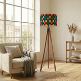 Midcentury 60s Retro Tripod Floor Lamp: Remote, Wooden Base, Linen Shade
