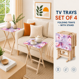 Pink Watercolor Roses retro TV tray set of 4 with stand – two open trays by a cream sofa, folded set beside