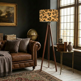 Cheetah Print Scandi Retro Wooden Tripod Floor Lamp - Leopard Fabric Shade