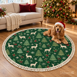 Green Reindeer Pine Round Christmas Rug with Tassels – Retro