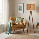 Nordic Tripod Floor Lamp with Wood Grain Shade and Remote LED Light