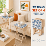 Blue Floral Toile retro TV tray set of 4 with stand – two open trays by a cream sofa, folded set beside