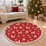 Red White Reindeer Trees Round Retro Christmas Rug with Tassels
