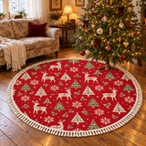 Red White Reindeer Trees Round Retro Christmas Rug with Tassels