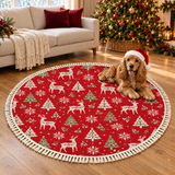 Red White Reindeer Trees Round Retro Christmas Rug with Tassels