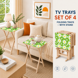 Set of 4 Green Daisy Retro Midcentury TV Trays with Storage Rack