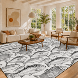 Large Retro Area Rug – Black & White Hand-Drawn Fish Print (4:3)