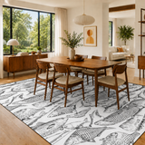 Large Retro Area Rug – Black & White Hand-Drawn Fish Print (4:3)