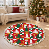 Red Green Geometric Tree Round Christmas Rug with Tassels – 70s Retro