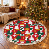 Red Green Geometric Tree Round Christmas Rug with Tassels – 70s Retro
