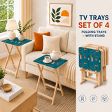 Atomic Cocktail Teal Retro Midcentury TV Trays – Set of 4 with Rack