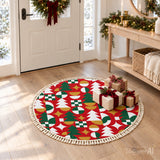 Red Green Geometric Tree Round Christmas Rug with Tassels – 70s Retro
