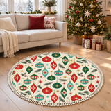 60s Retro Bauble Round Christmas Rug with Tassels – Cream Red Green