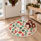 60s Retro Bauble Round Christmas Rug with Tassels – Cream Red Green
