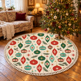 60s Retro Bauble Round Christmas Rug with Tassels – Cream Red Green