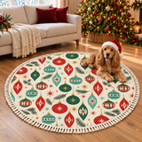 60s Retro Bauble Round Christmas Rug with Tassels – Cream Red Green