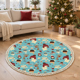 Cute Winter Woodland Animals Round Christmas Retro Rug with Tassels