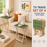 Checkered Green White Retro TV Trays Set of 4 with Wooden Storage Rack