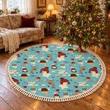Cute Winter Woodland Animals Round Christmas Retro Rug with Tassels