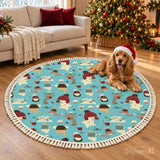 Cute Winter Woodland Animals Round Christmas Retro Rug with Tassels