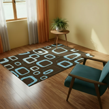 60s Retro Brown Blue Felt Floor Mat – Soft Non-Slip Midcentury Area Rug