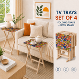 Retro Floral Millefiori TV Tray Tables Set with Rack – Foldable Wooden Snack Tables
