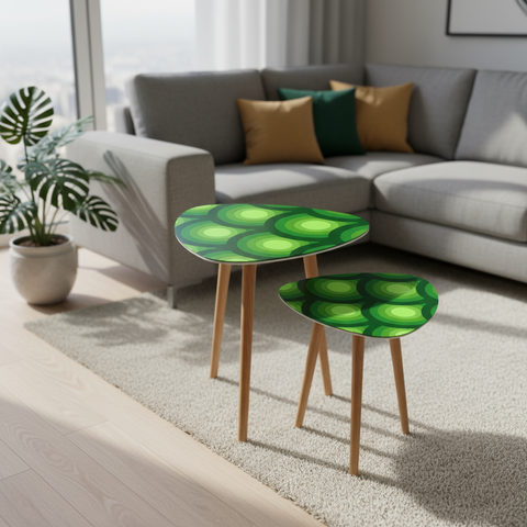 Green Peacock Eyes Retro Tripod Nesting Table Set - Midcentury tables
