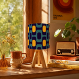 Retro 70s Pattern Table Lamp – Wood Tripod Base, Linen Shade