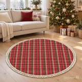 Red Tartan Round Christmas Rug with Tassels – Vintage Style Retro