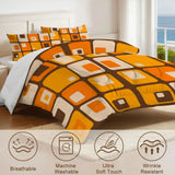 Close view of the squares comforter with care icons for breathable and machine washable