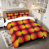 Gradient circles comforter set on a bed with a fur rug and a bedside lamp