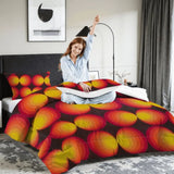 Woman stretching on a bed with the gradient circles comforter set