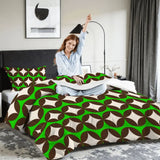 Woman stretching on a bed with the diamond geometric comforter set