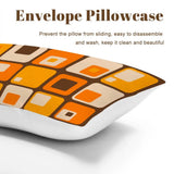 Envelope pillowcase close view in an orange, yellow and brown squares print