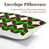 Envelope pillowcase close view in a green, brown and white diamond print