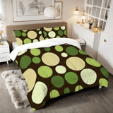 Polka dots comforter set on a bed with a fur rug and a bedside lamp