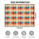 Size chart for a 9x12 ft (144 x 108 in) area rug, red, teal and cream triangle rows