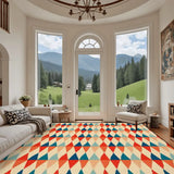 Living room with arched windows and a 9x12 ft area rug, red, teal and cream triangle rows