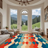 Living room with arched windows and a 9x12 ft area rug, orange, teal and cream zigzag diamonds